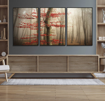 61855-MGV-CV-36X24-Misty Forest Wall Art – Red Tree with Autumn Leaves Canvas Print, Moody Woodland Nature Decor for Living Room, Bedroom, or Office