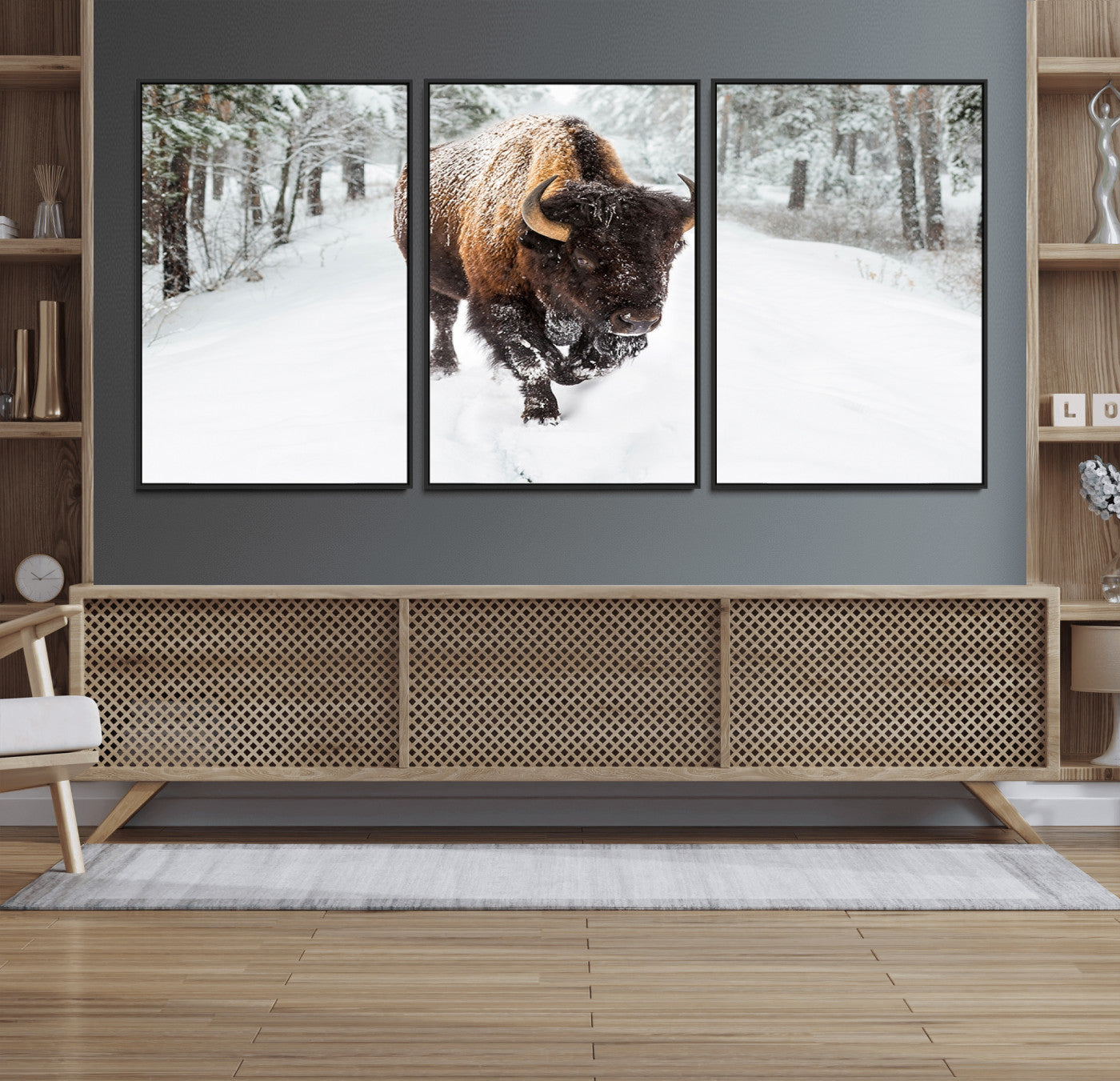 84699-MGV-FC-60X30-3P_Black-Bison in Winter Wall Art – Majestic Buffalo Canvas Print with Snowy Forest Landscape, Rustic Wildlife Artwork for Cabin, Living