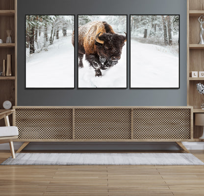 84699-MGV-FC-60X30-3P_Black-Bison in Winter Wall Art – Majestic Buffalo Canvas Print with Snowy Forest Landscape, Rustic Wildlife Artwork for Cabin, Living