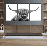 10123-MGV-CV-36X24-Black and White Highland Cow Wall Art – Modern Farmhouse Animal Print, Rustic Scottish Bull Canvas Decor for Living Room, Bedroom,