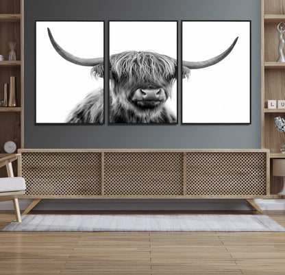 10123-MGV-CV-36X24-Black and White Highland Cow Wall Art – Modern Farmhouse Animal Print, Rustic Scottish Bull Canvas Decor for Living Room, Bedroom,