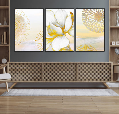 82301-MGV-CV-60X30-3P-Modern Floral Wall Art – White Flower with Gold Detailing Canvas Print, Elegant Abstract Artwork for Living Room, Bedroom, or