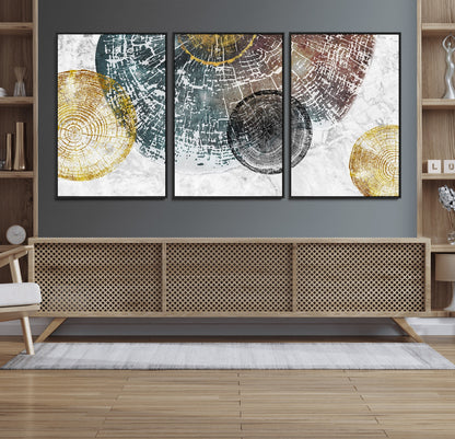70653-MGV-CV-36X24-Abstract Tree Ring Wall Art – Modern Rustic Wood Slice Canvas Print with Gold Accents, Contemporary Nature Decor for Living Room,