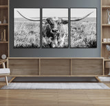 77320-MGV-CV-36X24-Texas Longhorn Wall Art – Black and White Western Cattle Canvas Print, Rustic Farmhouse Animal Photography Decor for Living Room,