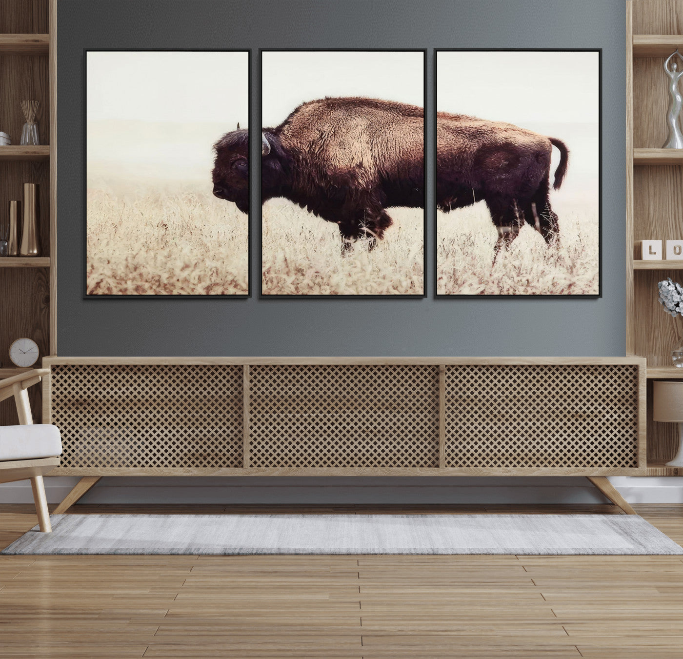 48406-MGV-CV-36X24-American Bison Wall Art – Rustic Buffalo Canvas Print in Prairie Field, Western Wildlife Photography Decor for Cabin, Lodge,