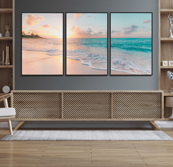 36554-MGV-CV-36X24-Tropical Beach Sunset Wall Art – Ocean Waves and Palm Canvas Print, Coastal Seascape Photography Decor for Living Room, Bedroom,