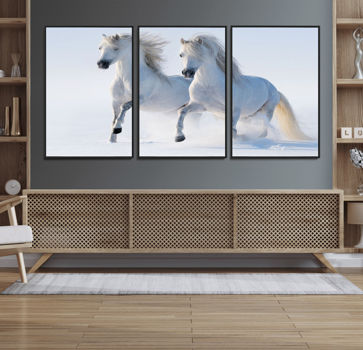 80145-MGV-CV-36X24-White Horses Running Snow Wall Art – Majestic Equine Canvas Print, Winter Nature Photography Decor for Living Room, Office,