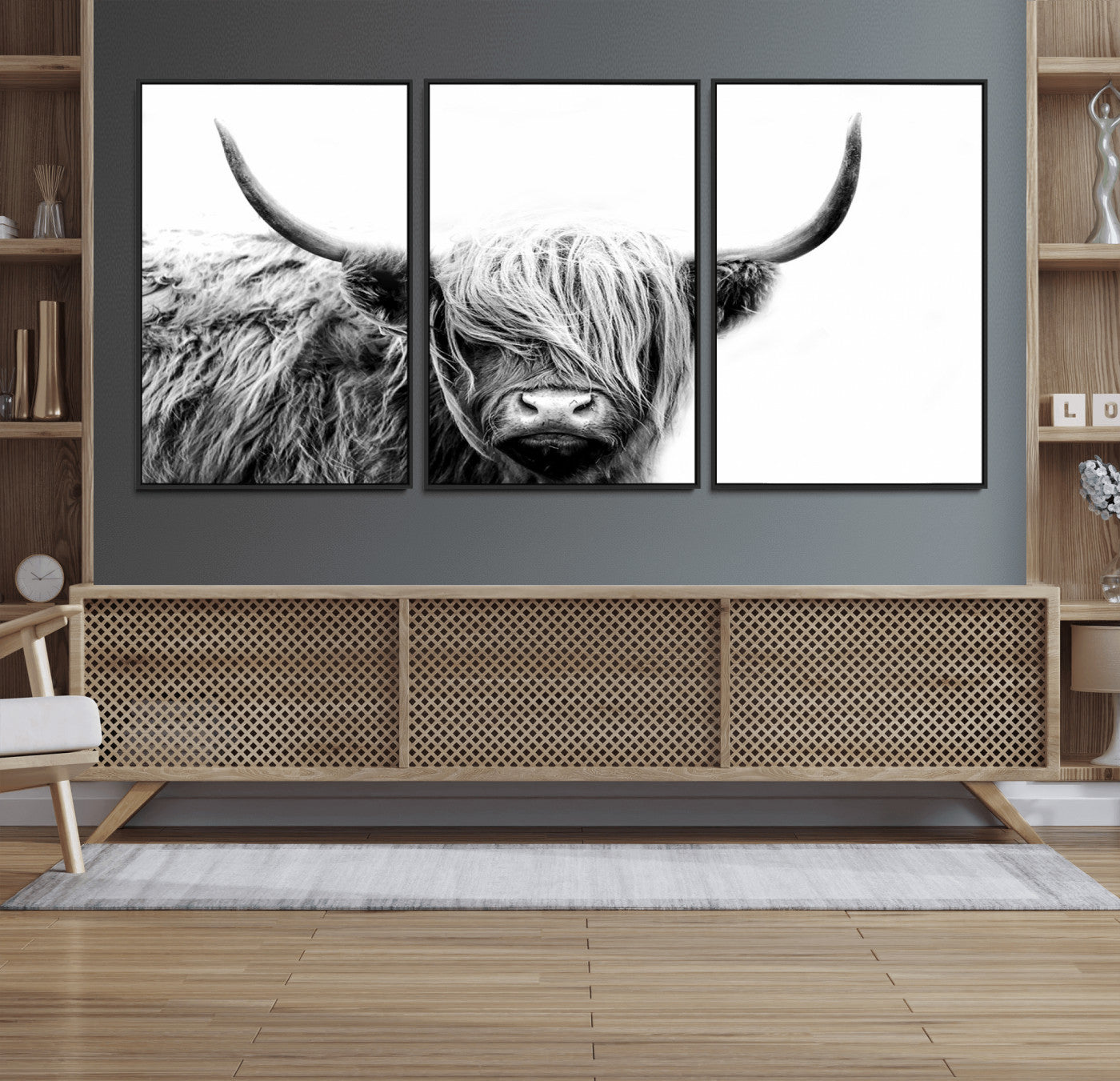 51957-MGV-CV-36X24-Highland Cow Wall Art – Black and White Scottish Highland Bull Canvas Print, Rustic Farmhouse Animal Decor for Living Room,