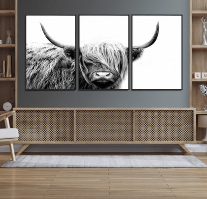 51957-MGV-CV-36X24-Highland Cow Wall Art – Black and White Scottish Highland Bull Canvas Print, Rustic Farmhouse Animal Decor for Living Room,
