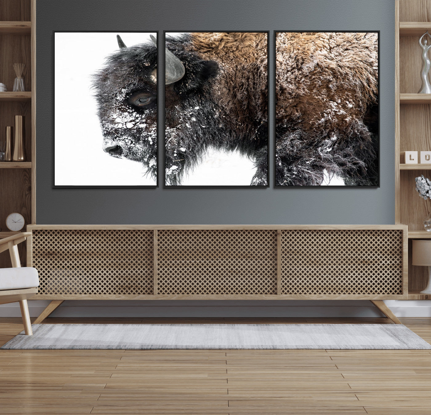 24304-MGV-CV-36X24-Bison Wall Art Canvas Print, Framed Winter Bison Art Picture Print, Snowy Buffalo Perfect Rustic Farmhouse Decor Artwork