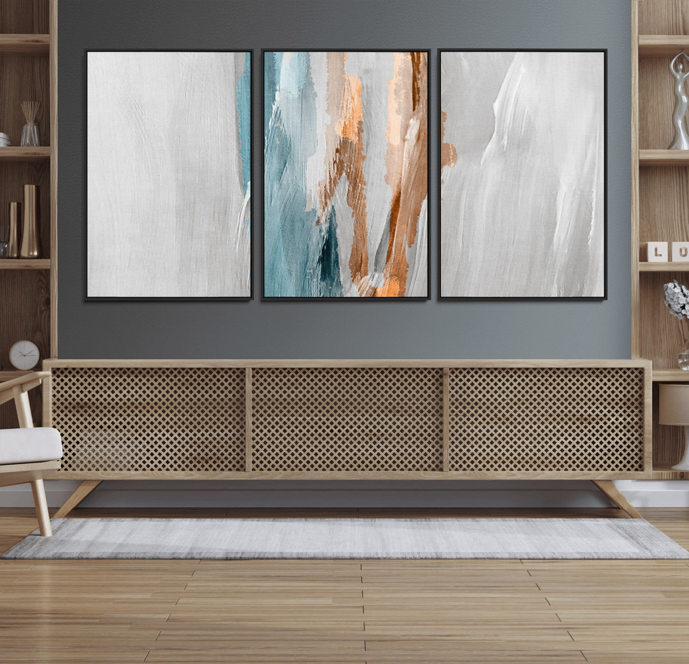 66154-MGV-FC-60X30-3P_Black-Abstract Brushstroke Wall Art – Modern Teal and Gold Canvas Print, Minimalist Contemporary Painting for Living Room, Bedroom, or