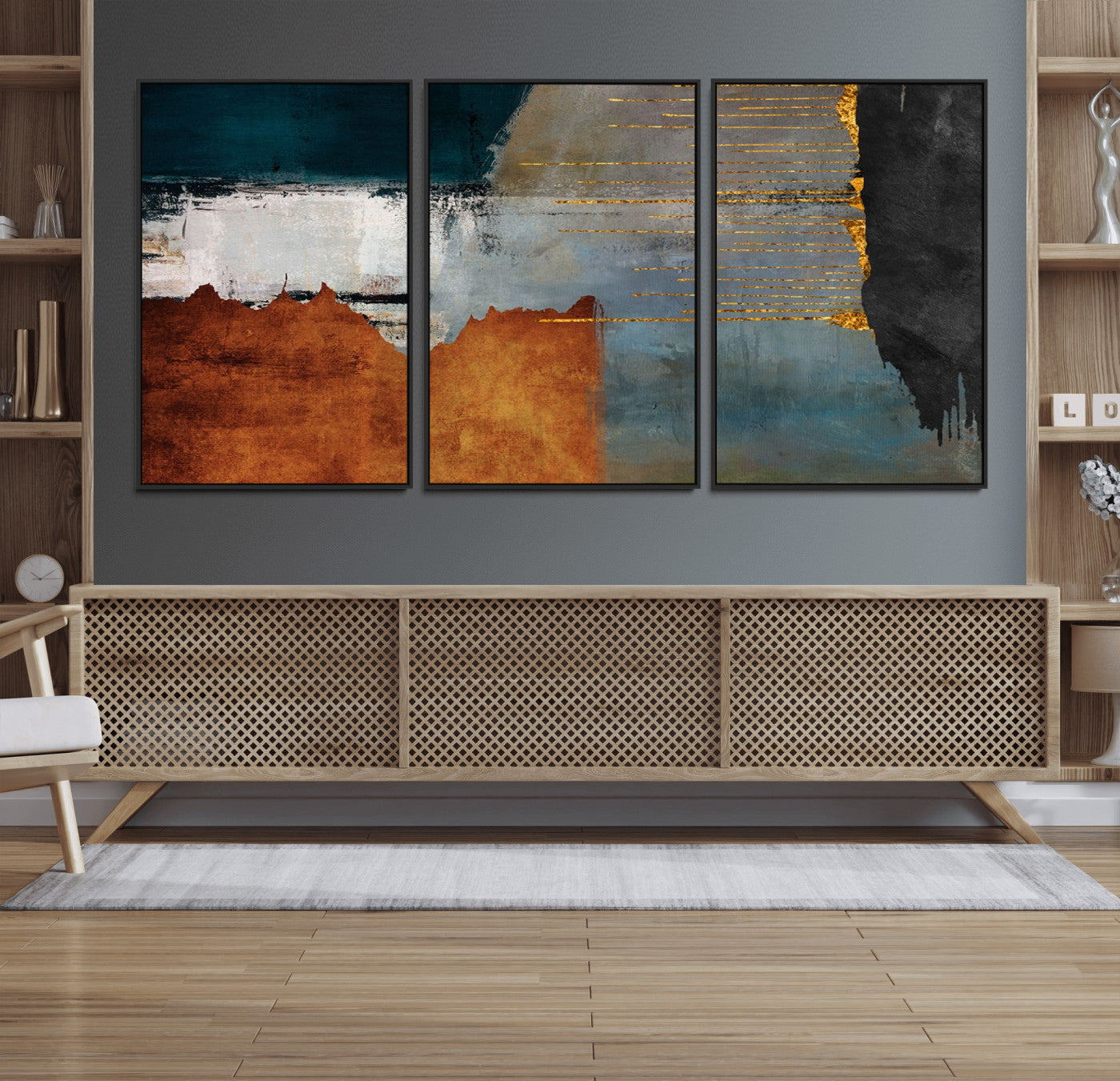 35026-MGV-CV-36X24-Abstract Canvas Wall Art – Modern Teal, Rust, Black and Gold Textured Painting, Contemporary Decor for Living Room, Bedroom