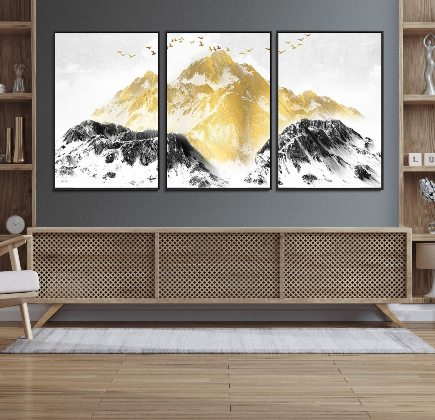 37733-MGV-CV-36X24-Golden Mountain Wall Art – Modern Abstract Landscape Canvas Print with Birds, Luxury Nature Decor for Living Room, Bedroom, or