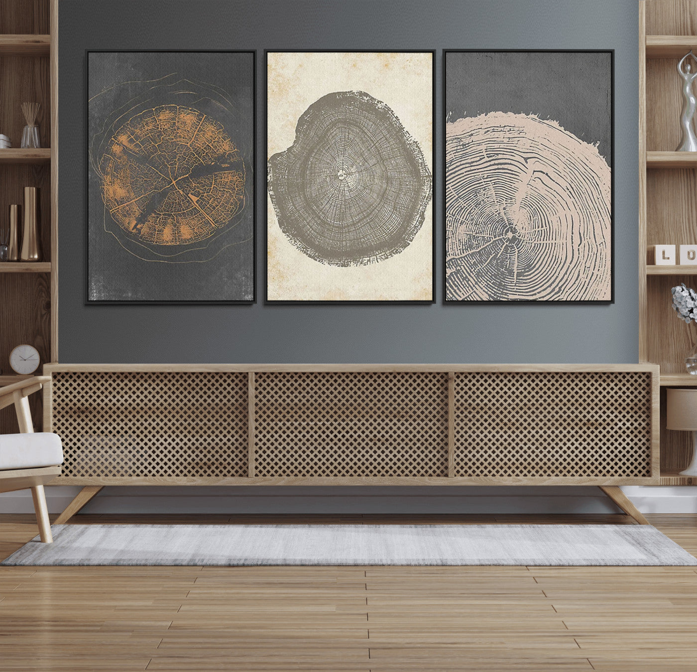 80725-MGV-FC-60X30-3P_Black-Wood Tree Rings Wall Art Canvas Print, Framed Tree Rings Art Picture Print, Abstract Tree Rings Perfect Modern Boho Decor Artwork