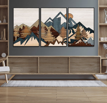 67950-MGV-FC-60X30-3P_Black-Modern Wood Wall Art Canvas Print, Framed Mountain Range Art Picture Print, Wood Mountain Range Perfect Rustic Decor Artwork