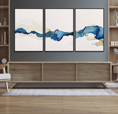 95528-MGV-FC-60X30-3P_Black-Abstract Blue Wave Wall Art – Modern Ocean Inspired Canvas Print, Minimalist Fluid Painting for Living Room, Bedroom or Office