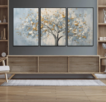 65811-MGV-CV-36X24-Abstract Tree Wall Art – Textured Canvas Painting with Gold and White Leaves, Modern Nature Inspired Decor for Living Room or