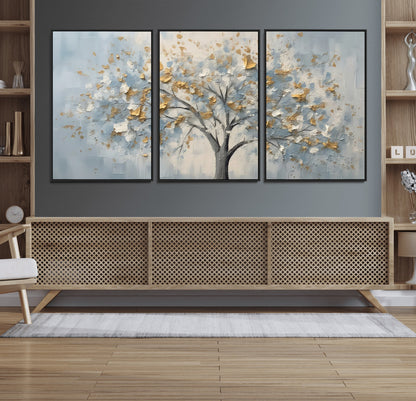 65811-MGV-CV-36X24-Abstract Tree Wall Art – Textured Canvas Painting with Gold and White Leaves, Modern Nature Inspired Decor for Living Room or