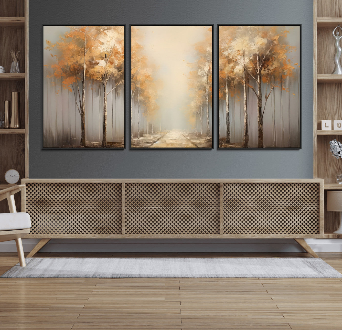 95004-MGV-FC-60X30-3P_Black-Autumn Forest Path Wall Art – Hand Painted Canvas Print with Golden Trees, Modern Nature Landscape Decor for Living Room, Bedroom