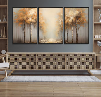 95004-MGV-FC-60X30-3P_Black-Autumn Forest Path Wall Art – Hand Painted Canvas Print with Golden Trees, Modern Nature Landscape Decor for Living Room, Bedroom