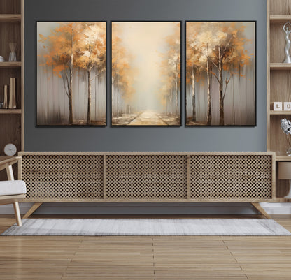 95004-MGV-FC-60X30-3P_Black-Autumn Forest Path Wall Art – Hand Painted Canvas Print with Golden Trees, Modern Nature Landscape Decor for Living Room, Bedroom