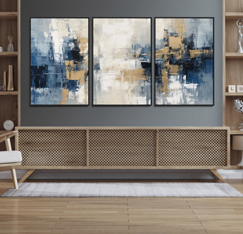 44344-MGV-FC-60X30-3P_Black-Abstract Blue and Gold Wall Art – Modern Hand Painted Canvas Print, Contemporary Textured Painting for Living Room, Bedroom or