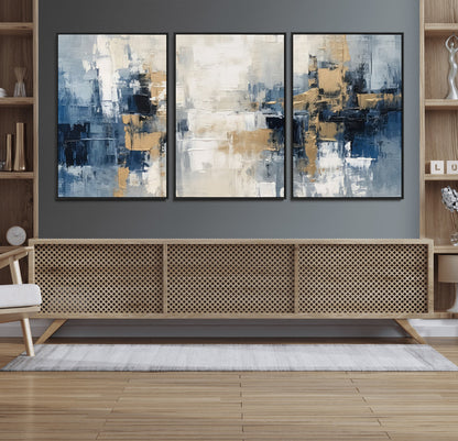 44344-MGV-FC-60X30-3P_Black-Abstract Blue and Gold Wall Art – Modern Hand Painted Canvas Print, Contemporary Textured Painting for Living Room, Bedroom or