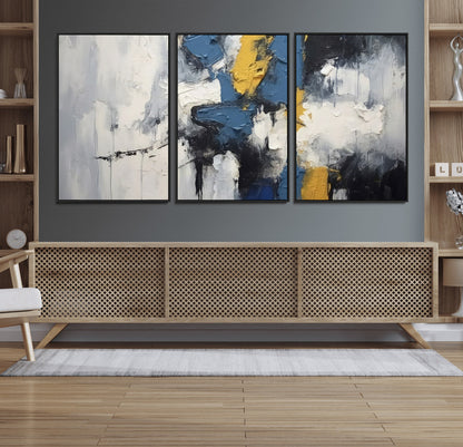 63850-MGV-FC-60X30-3P_Black-Abstract Blue and Yellow Wall Art – Modern Textured Canvas Painting, Bold Contemporary Artwork for Living Room, Bedroom or Office
