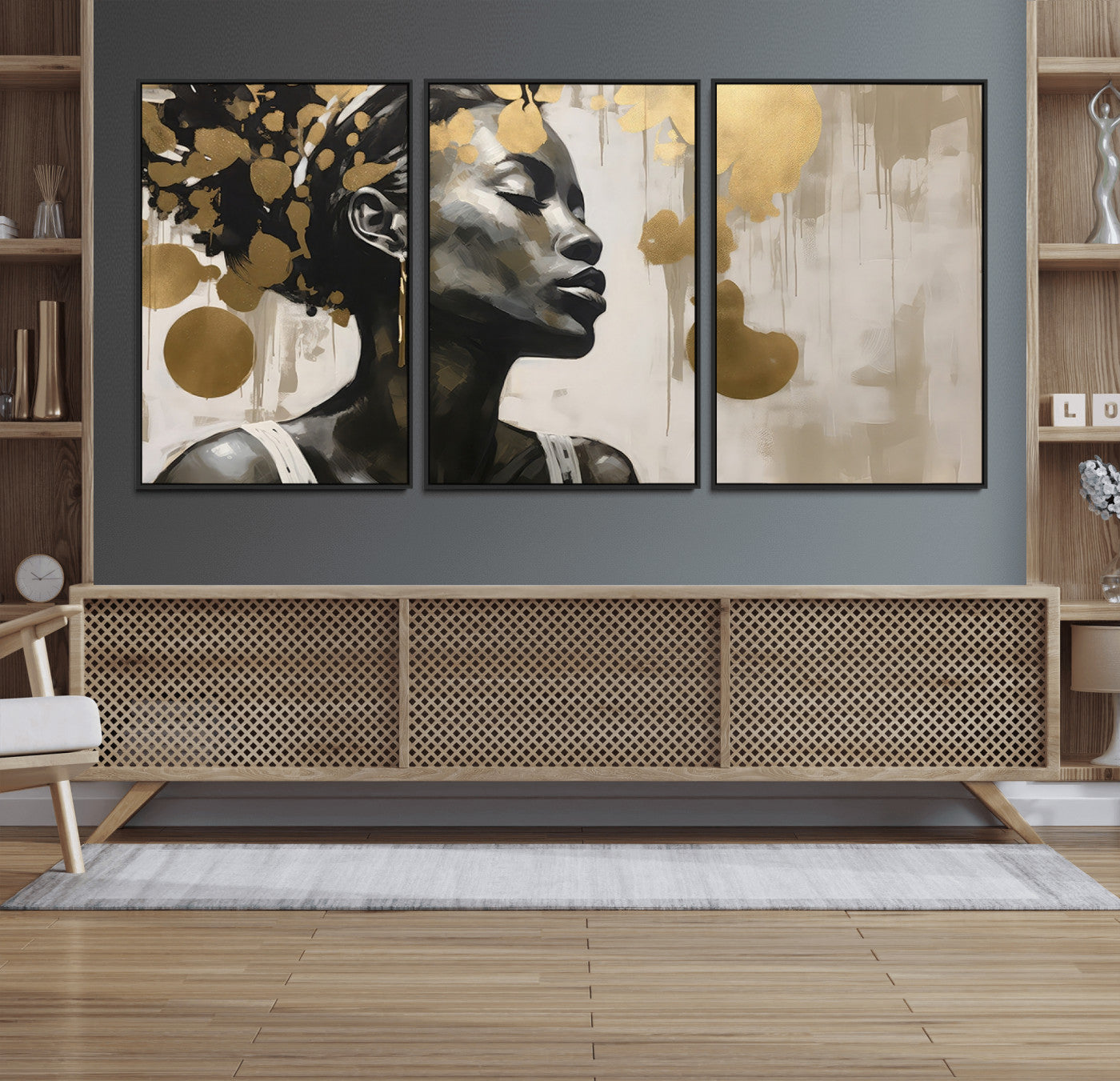 65669-MGV-FC-60X30-3P_Black-Elegant Black Woman Wall Art – Modern Abstract Portrait Canvas with Gold Accents, Contemporary Afrocentric Decor for Living Room