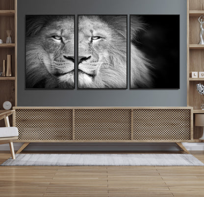 94453-MGV-FC-60X30-3P_Black-Lion Portrait Wall Art – Black and White King of the Jungle Canvas Print, Safari Wildlife Decor for Office, Bedroom, or Living