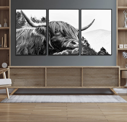 61570-MGV-CV-36X24-Highland Cow Wall Art – Black and White Scottish Bull Canvas Print, Rustic Farmhouse Animal Decor for Living Room, Bedroom, or