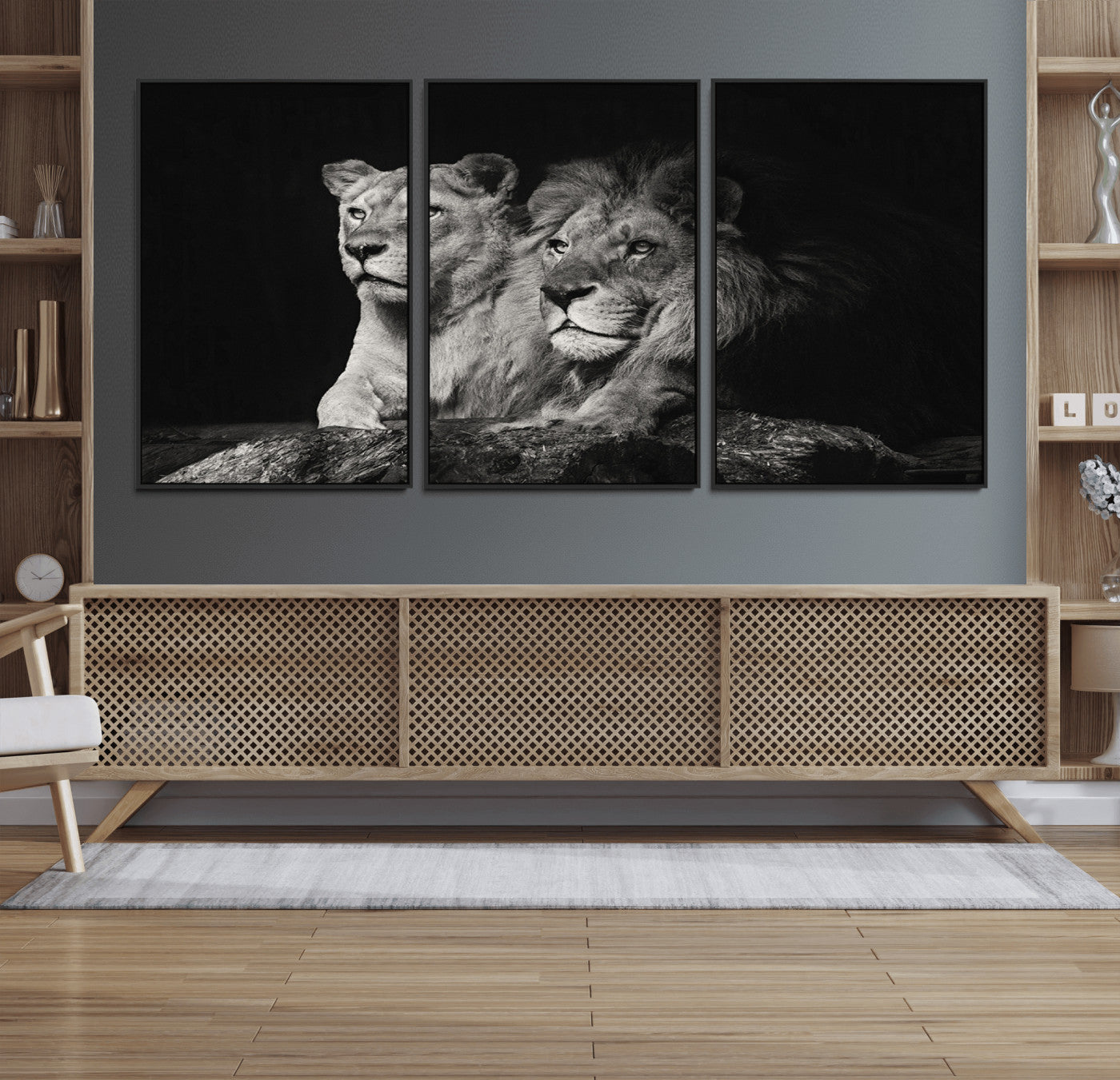80013-MGV-FC-60X30-3P_Black-Lion and Lioness Wall Art – Black and White Wildlife Photography Canvas Print, African Safari Animal Decor for Office, Bedroom, or
