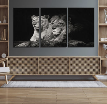 80013-MGV-FC-60X30-3P_Black-Lion and Lioness Wall Art – Black and White Wildlife Photography Canvas Print, African Safari Animal Decor for Office, Bedroom, or