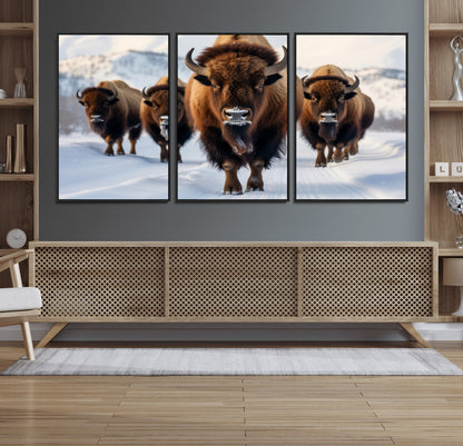 56701-MGV-FC-60X30-3P_Black-Bison Herd Wall Art – Buffalo Walking in Snowy Mountains Canvas Print, Rustic Wildlife Decor for Cabin, Lodge, or Living Room