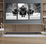 45287-MGV-FC-60X30-3P_Black-Bison Herd Wall Art – Black and White Buffalo Snow Road Canvas Print, Rustic Wildlife Decor for Cabin, Lodge or Living Room
