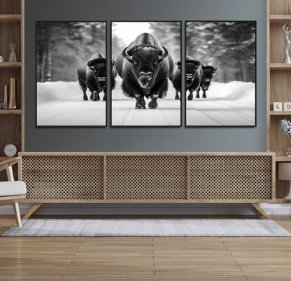 45287-MGV-FC-60X30-3P_Black-Bison Herd Wall Art – Black and White Buffalo Snow Road Canvas Print, Rustic Wildlife Decor for Cabin, Lodge or Living Room