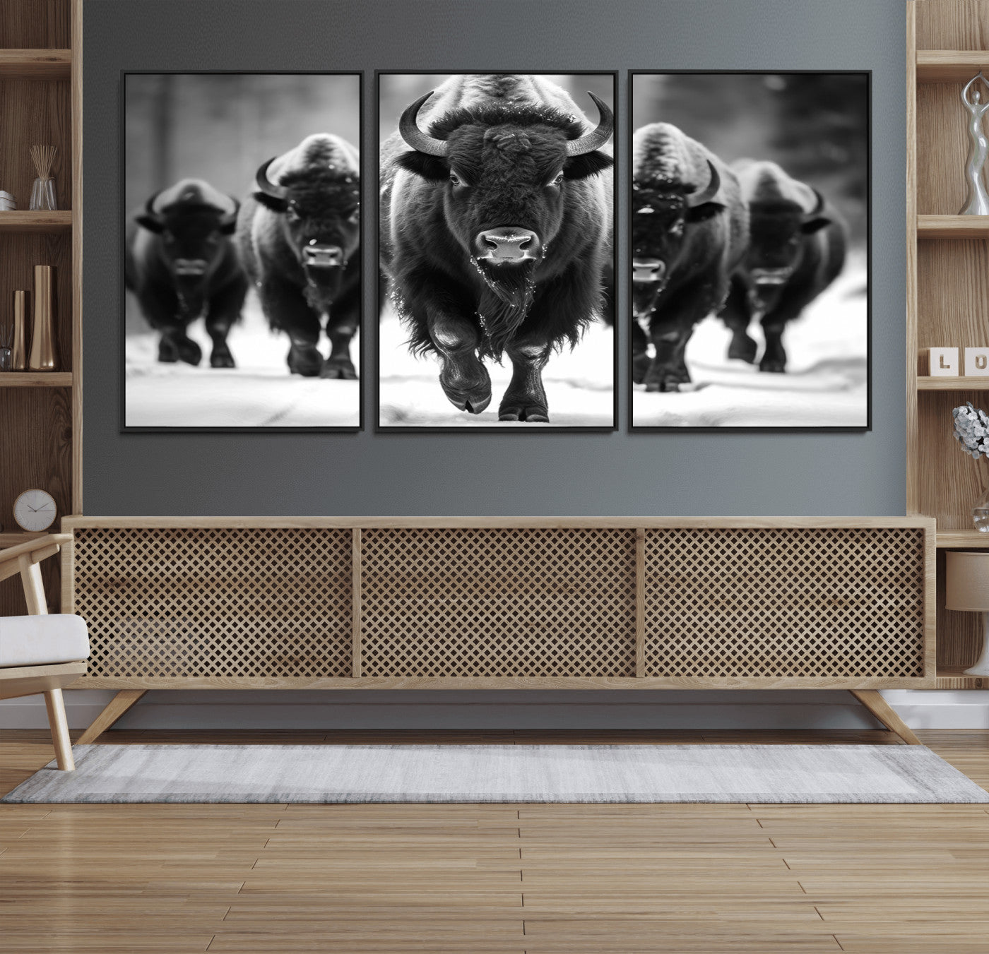 79872-MGV-FC-60X30-3P_Black-Bison Herd Wall Art – Black and White Buffalo on Snow Canvas Print, Rustic Wildlife Decor for Lodge, Cabin, or Living Room