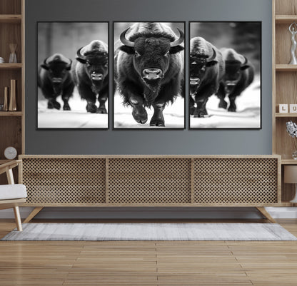 79872-MGV-FC-60X30-3P_Black-Bison Herd Wall Art – Black and White Buffalo on Snow Canvas Print, Rustic Wildlife Decor for Lodge, Cabin, or Living Room