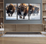 80512-MGV-FC-60X30-3P_Black-Bison Herd Wall Art – Buffalo Running in Snow Canvas Print, Rustic Wildlife Photography Decor for Cabin, Lodge, or Living Room