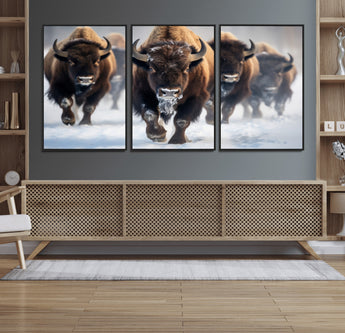 80512-MGV-FC-60X30-3P_Black-Bison Herd Wall Art – Buffalo Running in Snow Canvas Print, Rustic Wildlife Photography Decor for Cabin, Lodge, or Living Room