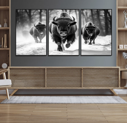 97552-MGV-FC-60X30-3P_Black-Black and White Bison Wall Art – Buffalo Herd Running in Snow Canvas Print, Rustic Wildlife Photography Decor for Cabin, Lodge, or