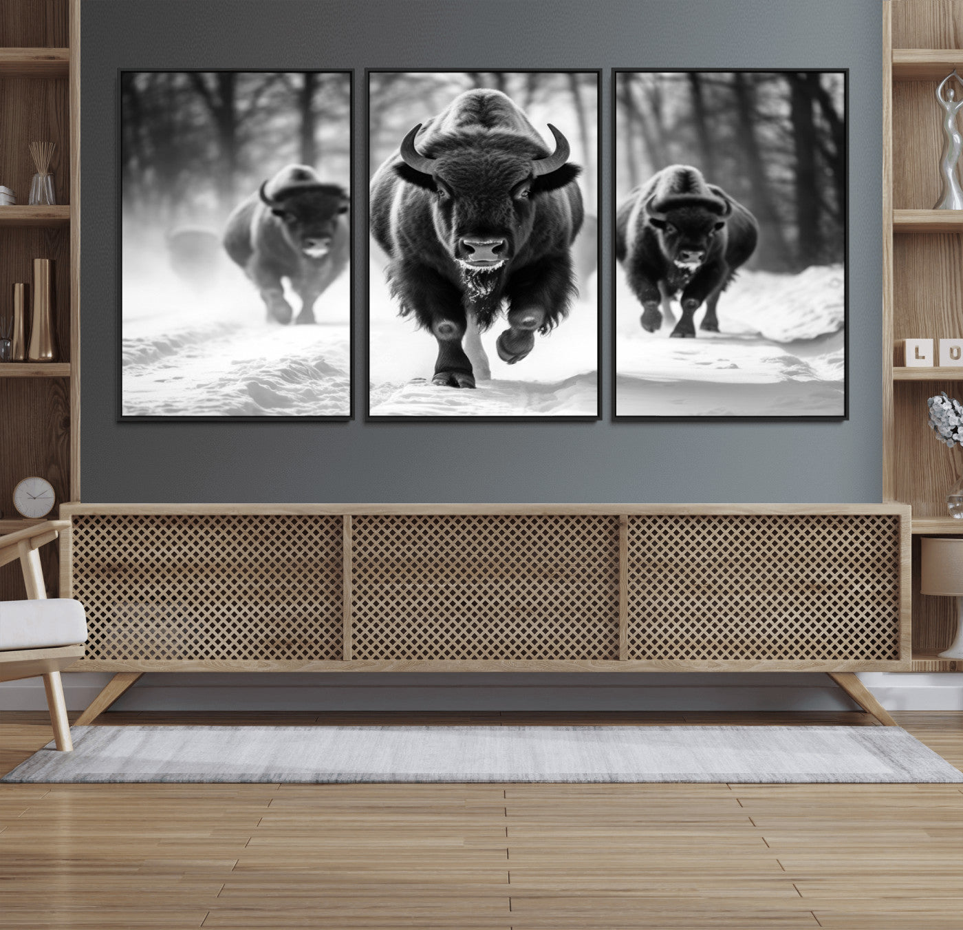 97552-MGV-CV-36X24-Black and White Bison Wall Art – Buffalo Herd Running in Snow Canvas Print, Rustic Wildlife Photography Decor for Cabin, Lodge, or