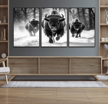97552-MGV-CV-36X24-Black and White Bison Wall Art – Buffalo Herd Running in Snow Canvas Print, Rustic Wildlife Photography Decor for Cabin, Lodge, or