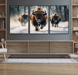56549-MGV-CV-36X24-Wild Bison Wall Art – Majestic Buffalo Herd Running in Snow Canvas Print, Rustic Wildlife Photography Decor for Cabin, Lodge, or
