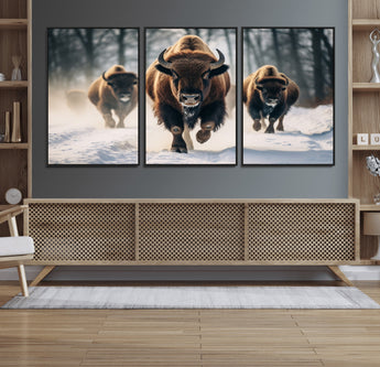 56549-MGV-CV-36X24-Wild Bison Wall Art – Majestic Buffalo Herd Running in Snow Canvas Print, Rustic Wildlife Photography Decor for Cabin, Lodge, or