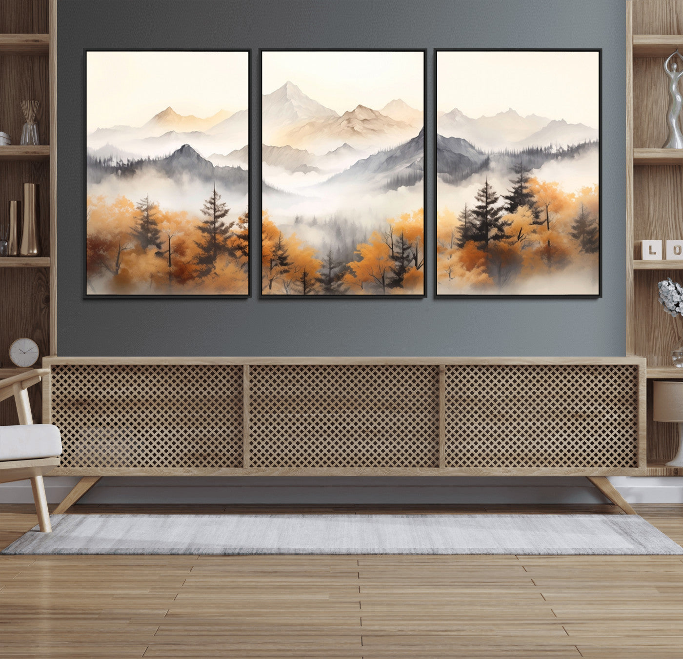 70049-MGV-FC-60X30-3P_Black-Autumn Mountain Forest Wall Art – Misty Landscape Canvas Print, Rustic Nature Inspired Decor for Living Room, Bedroom or Office