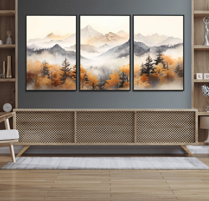 70049-MGV-FC-60X30-3P_Black-Autumn Mountain Forest Wall Art – Misty Landscape Canvas Print, Rustic Nature Inspired Decor for Living Room, Bedroom or Office