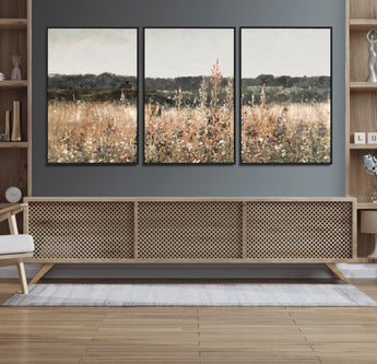 46308-MGV-FC-60X30-3P_Black-Wildflower Field Wall Art – Rustic Meadow Landscape Canvas Print, Country Nature Decor for Living Room, Bedroom or Farmhouse