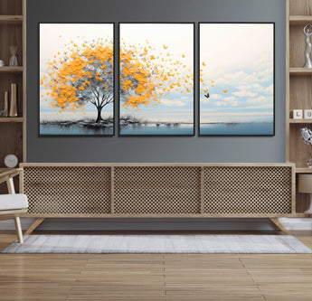 23385-MGV-FC-60X30-3P_Black-Golden Butterfly Tree Wall Art – Abstract Yellow and Gray Canvas Print, Modern Nature Artwork for Living Room, Bedroom or Office