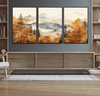 72950-MGV-FC-60X30-3P_Black-Autumn Mountain Forest Wall Art – Golden Fall Landscape Canvas Print, Nature-Inspired Home Decor for Living Room, Bedroom or
